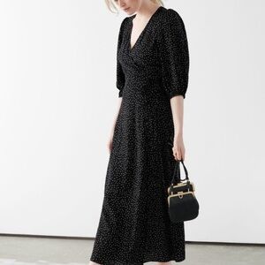& Other Stories Black 3/4 Sleeve Dress with White Dots, True Wrap V Neck, Size 6